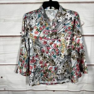 Signals Floral Mandarin Collar Blouse Womens Medium Multicolor Bell Sleeve Satin